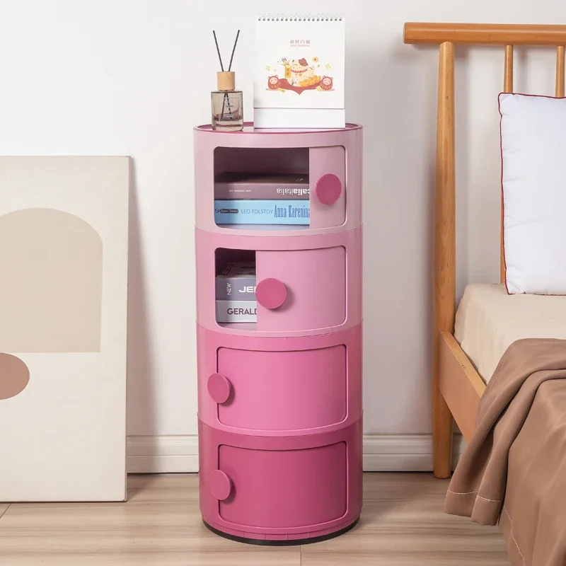 PK72: Trendy Round Storage Cabinet, Pink Mini Bedside Table, Space-Saving Organizer, Elegant Bedroom Storage, Gradient Pink Unit