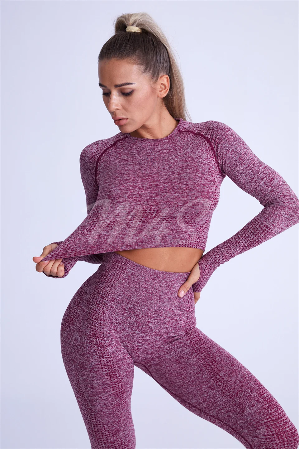 Ensemble Weibliche 2 Stück Yoga Set Frauen Nahtlose Daumen Loch Gym Workout Fitness Kleidung Sportswear Langarm Crop Top Leggings