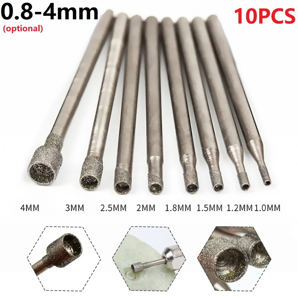 10pcs 0.8-4mm Rotary Diamond Burr Core Drill Bit Engraving 2.35mm Shank For Glass Tile Grinding Hollow Head Rotary Power Tools