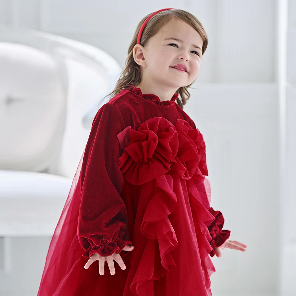 ديف بيلا الفتيات الأميرة المخملية فستان الشتاء الطفل لطيف سحر الدانتيل فستان شبكي حفلة سميكة طويلة الأكمام ملابس خارجية حمراء DB4254215