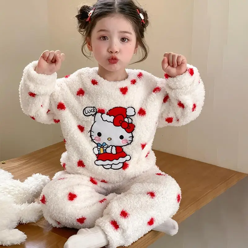 سانريو مرحبا كيتي منامة قطعتين مجموعة فتاة الخريف بلوفر شتوي السراويل الطفل الدفء Kawaii أنيمي الكرتون ملابس منزلية أنيقة