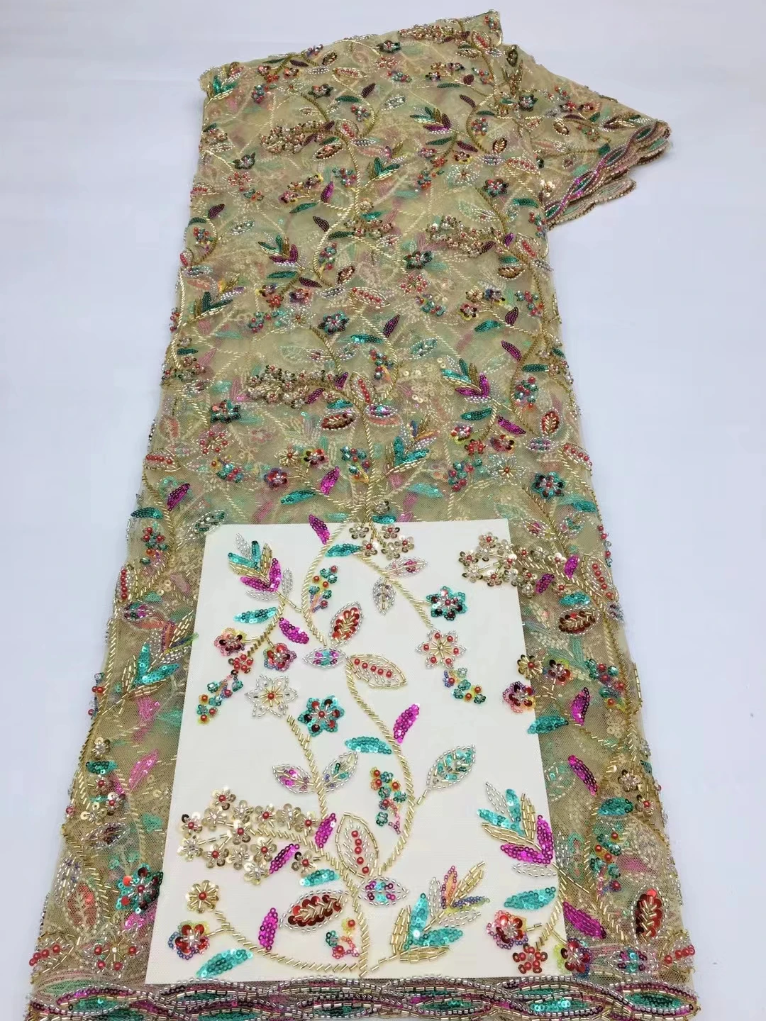 

Роскошная африканская новая вышивка ручной работы, изысканная Роскошная ткань для вечернего платья с бусинами и блестками, 5 ярдов