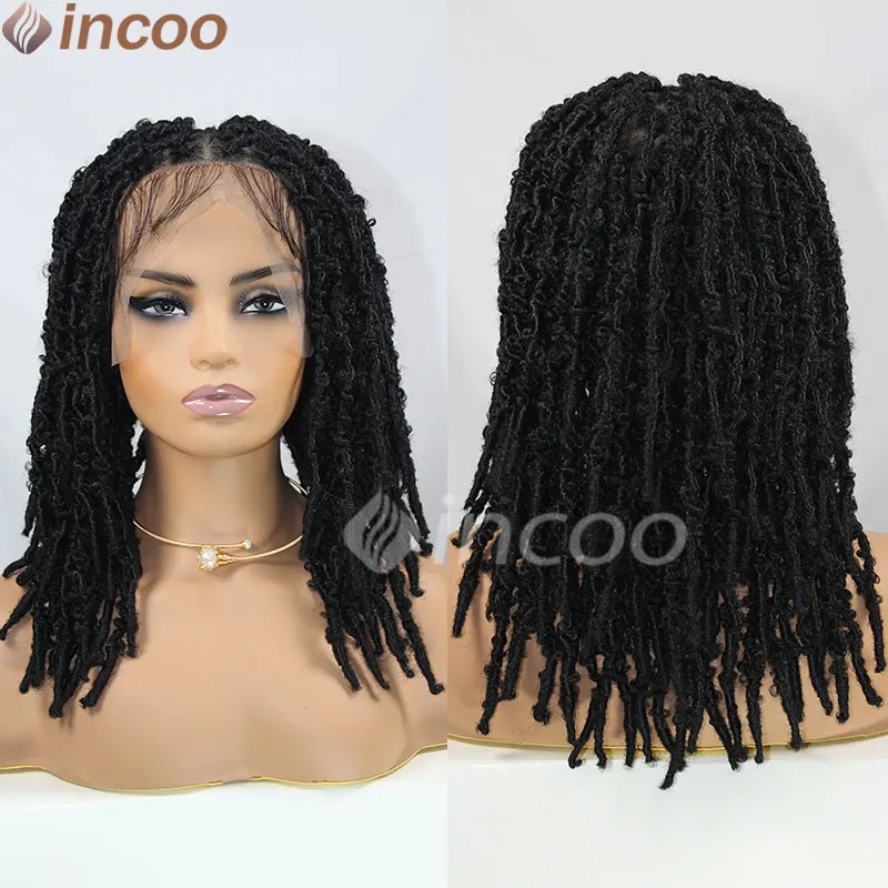 16 Inches Short Bob Wigs Full Lace Front Square Knotless Locs Braided Wigs For Black Women Loc Braid Wig With Baby Synthetic Wig