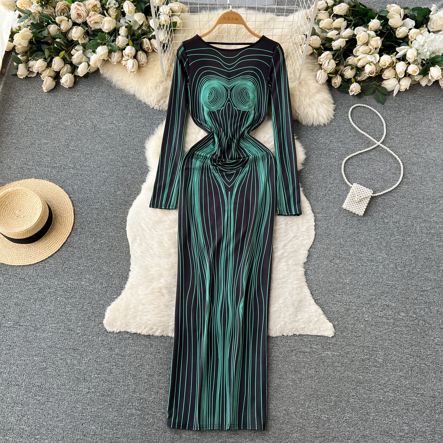 

Женское Сетчатое платье ALPHALMODA, с круглым вырезом и длинным рукавом, с принтом в полоску, сексуальное облегающее длинное платье