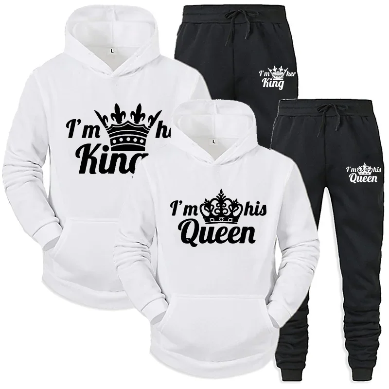 

Спортивные костюмы для влюбленных толстовки с принтом QUEEN KING пара толстовок с капюшоном одежда толстовки женские комплект из 2 предметов мужская женская спортивная одежда