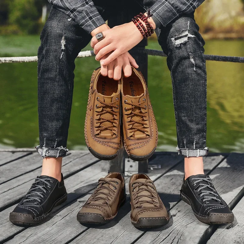 High Quality Men's Casual Shoes Handmade Leather Loafers Male Comfortable Soft Sole Walking Shoes Non-slip Men Sneakers Big Size 6