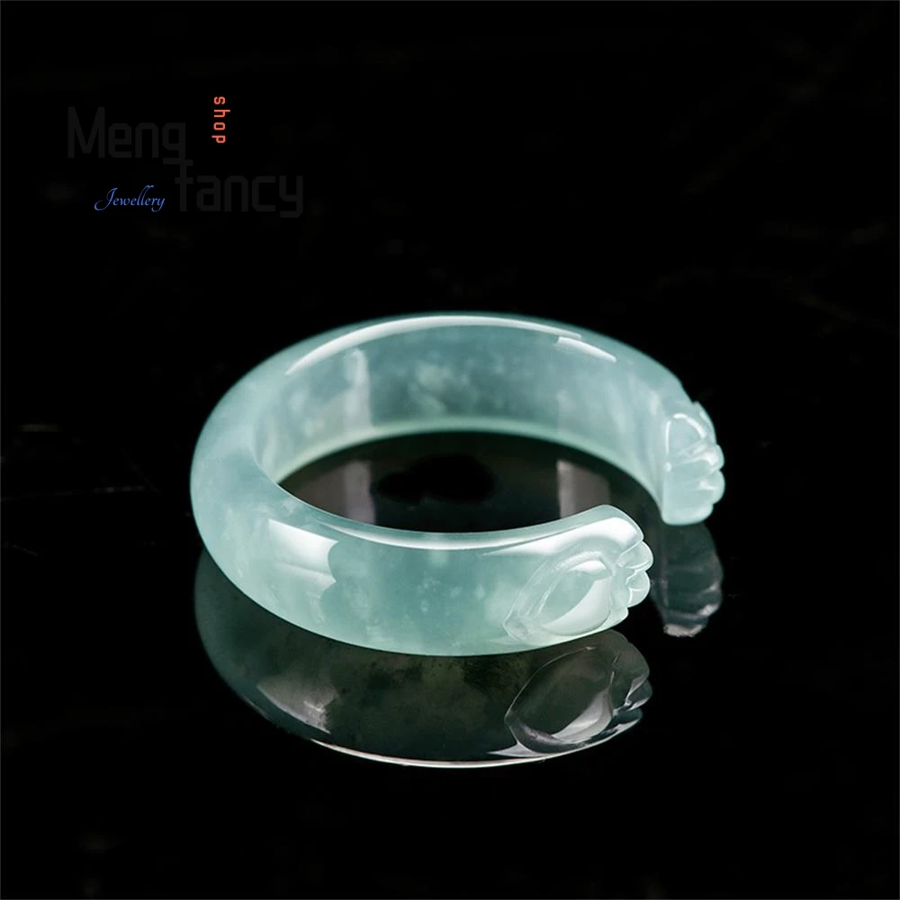 High-grade Natural A-goods Jadeite Blue Water Cat Claw Three-dimensional Carving Ice Jade Ring Cute Fashion Jewelry Holiday Gift