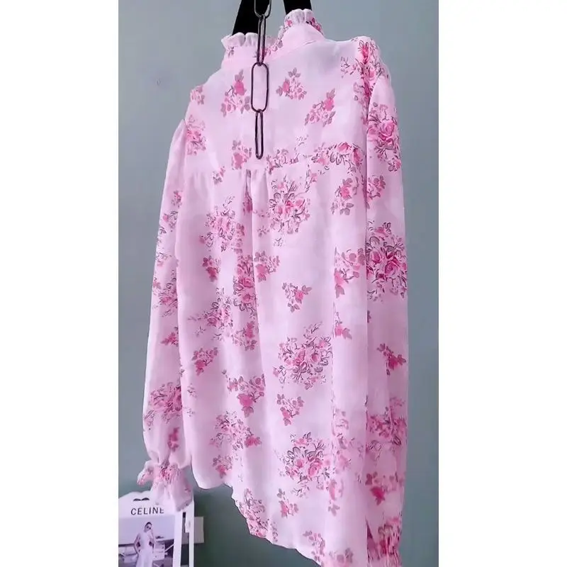 Women Vintage Floral Printed Ruffle Lace Up Shirts Spring Autumn Fashion Elegant Chic Sweet Blouses Long Sleeve Loose Tops Blusa