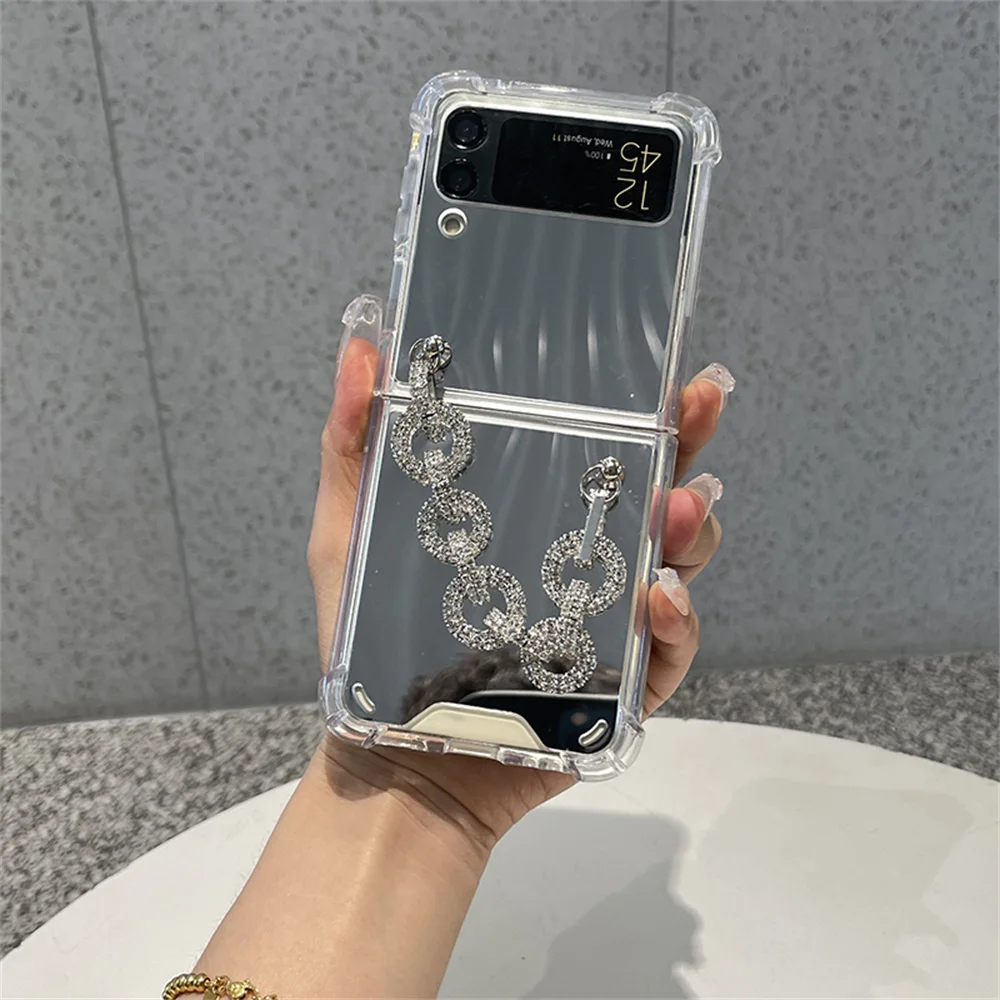 Stylish Makeup Mirror Rhinestone Bracelet Protective Soft Phone Case For Samsung Galaxy Z Flip 3 Shockproof Back Cover Funda phone case
