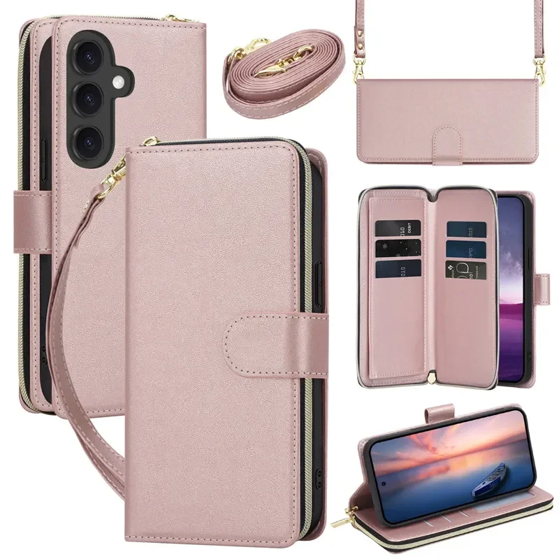 Leather Flip Phone Case with Long Lanyard and Zipper Wallet