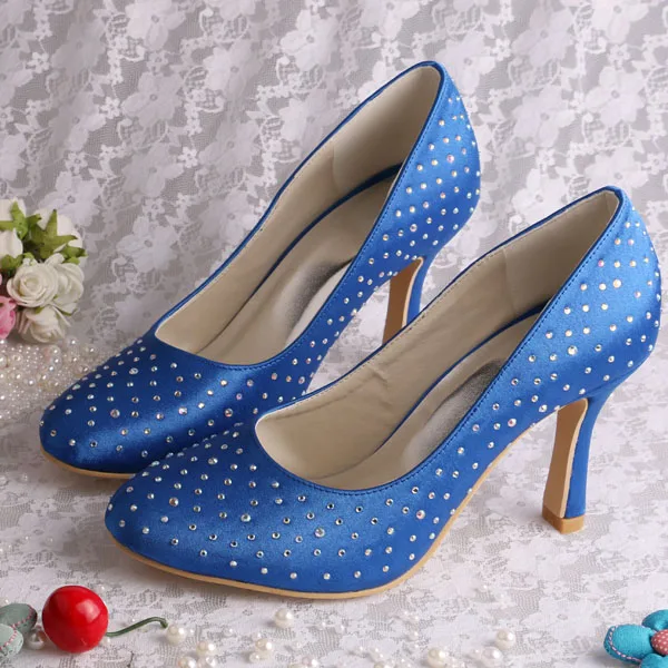 

Wedopus Custom Wedding Satin Shoes Woman Blue Satin Closed Toe Pumps with Crystals