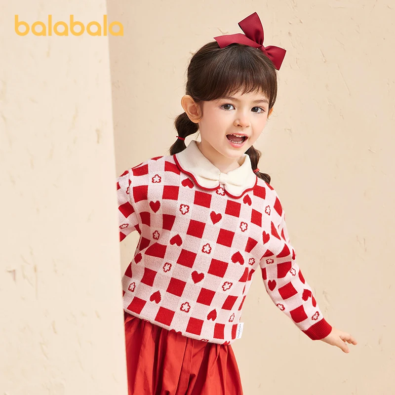 

Balabala Toddler 2023 Girl Sweater Spring Autumn Pullover Bottom Knitwear New Year Comfortable Sweater