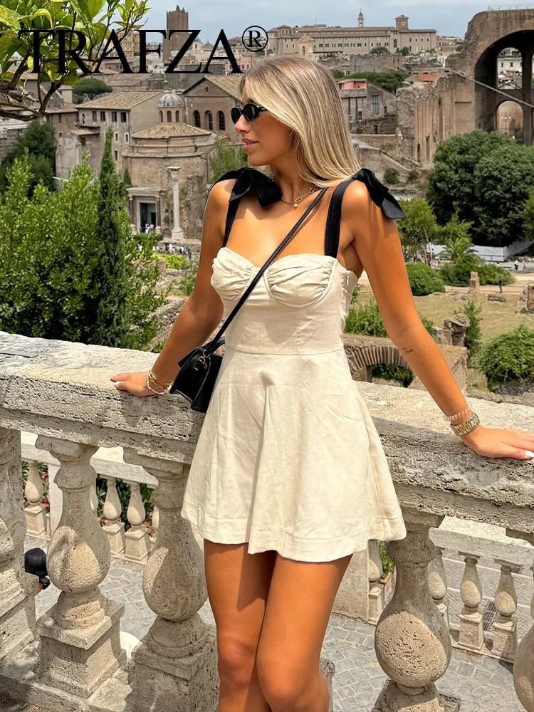 

TRAFZA Summer Women Bow Folds Decorate Sling Dress Woman Sexy Sleeveless Backless Zipper Dress Beach Party Mini Dresses Mujer