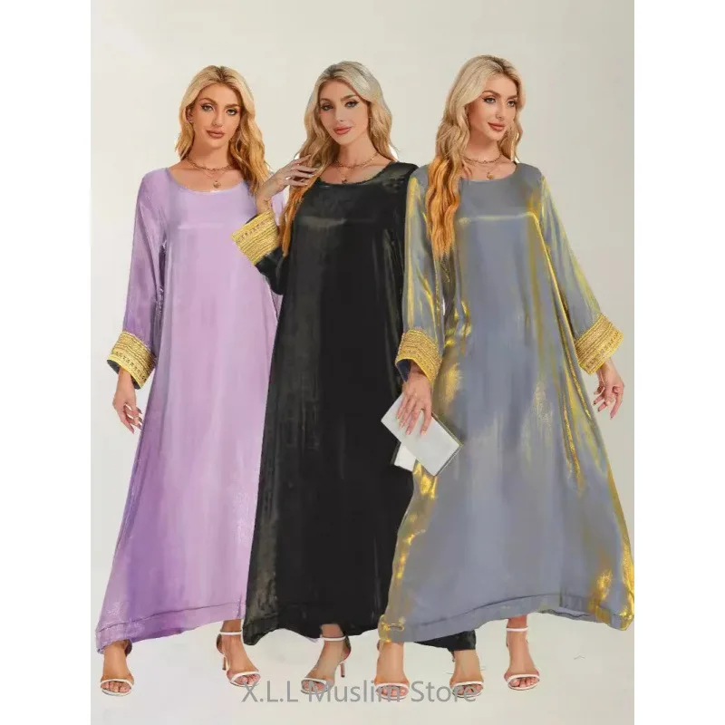 Shiny Muslim Dresses Fashion Modest Long Loose Abaya Dubai Turkey Kaftan Islamic Robe Clothes Women's Prayer Garment For Party