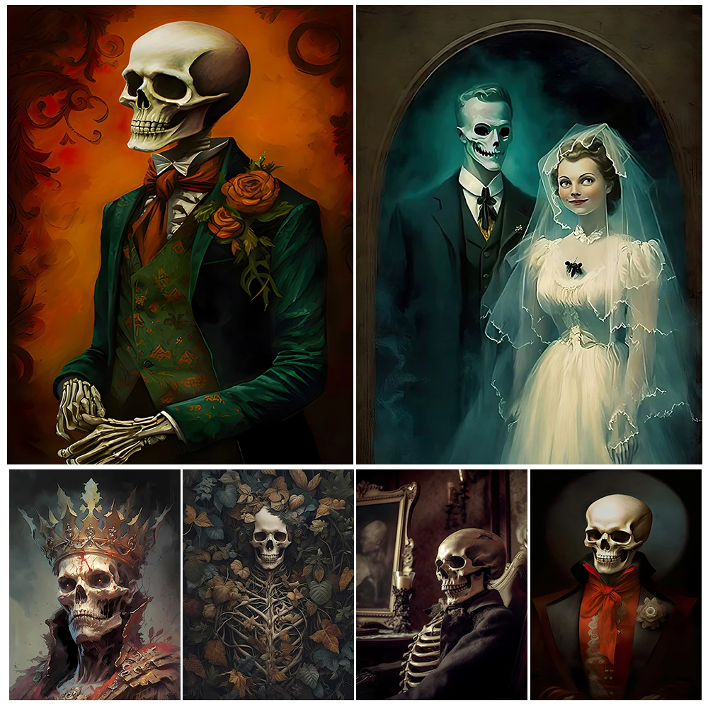 

Halloween Skeleton Portrait Gothic Wall Art Canvas Painting Zombie Businessman And Ghost Groom Art Poster Print Home Decoration