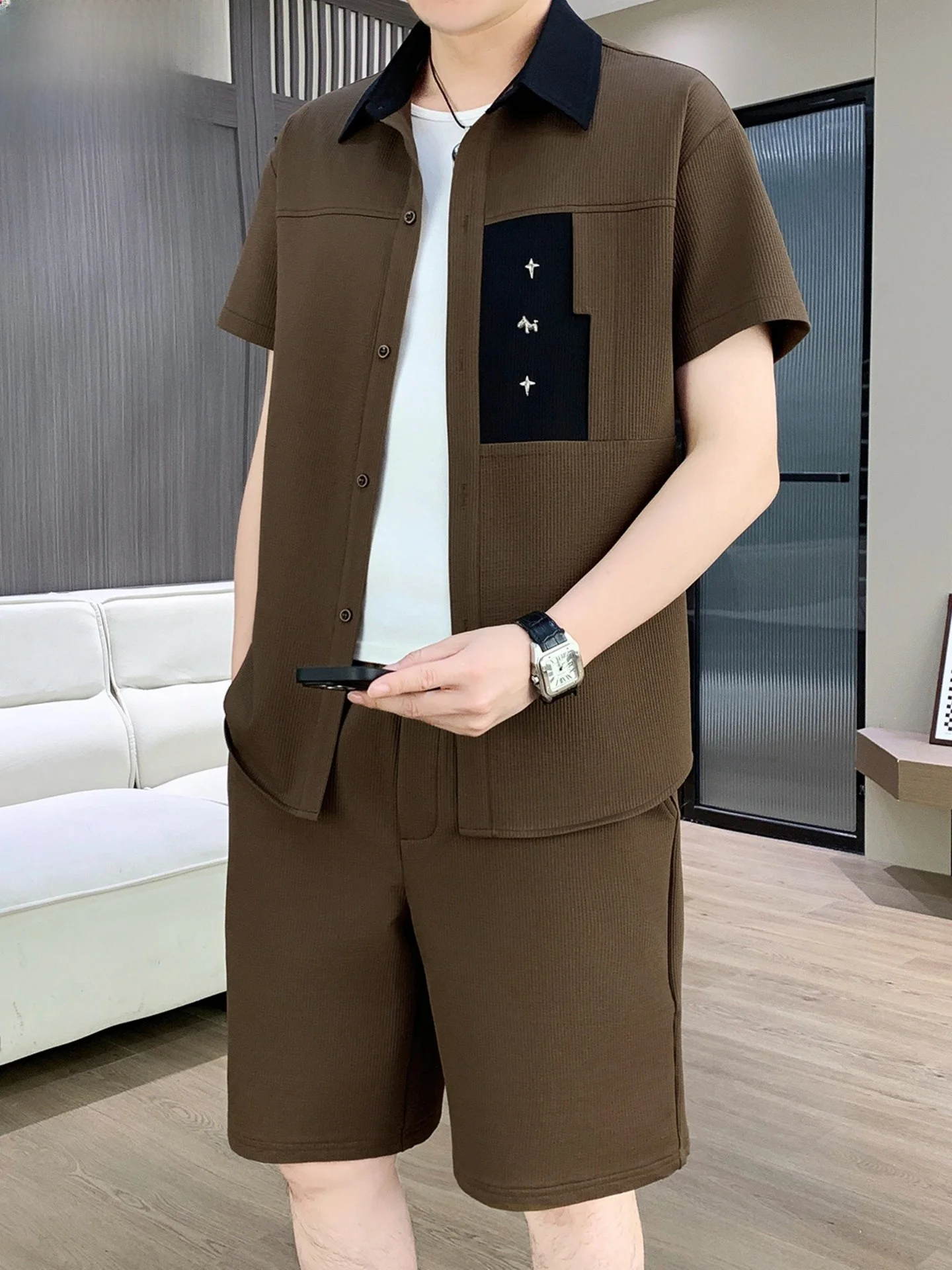 남성용 여름 캐주얼 스포츠웨어 세트, 반팔 폴로셔츠와 반바지 투피스 세트, 트렌디한 폴리에스터 섬유 청소년 의류