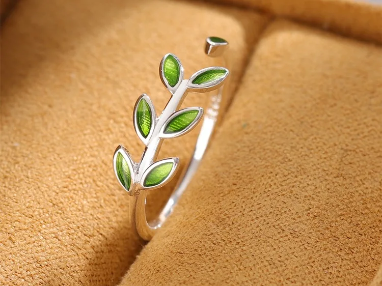 Neue Ankunft Exquisite Green Leaf Epoxy Mode 925 Sterling Silber Schmuck Atmosphäre Kreative Blätter Öffnung Ringe R128 – Detail 3