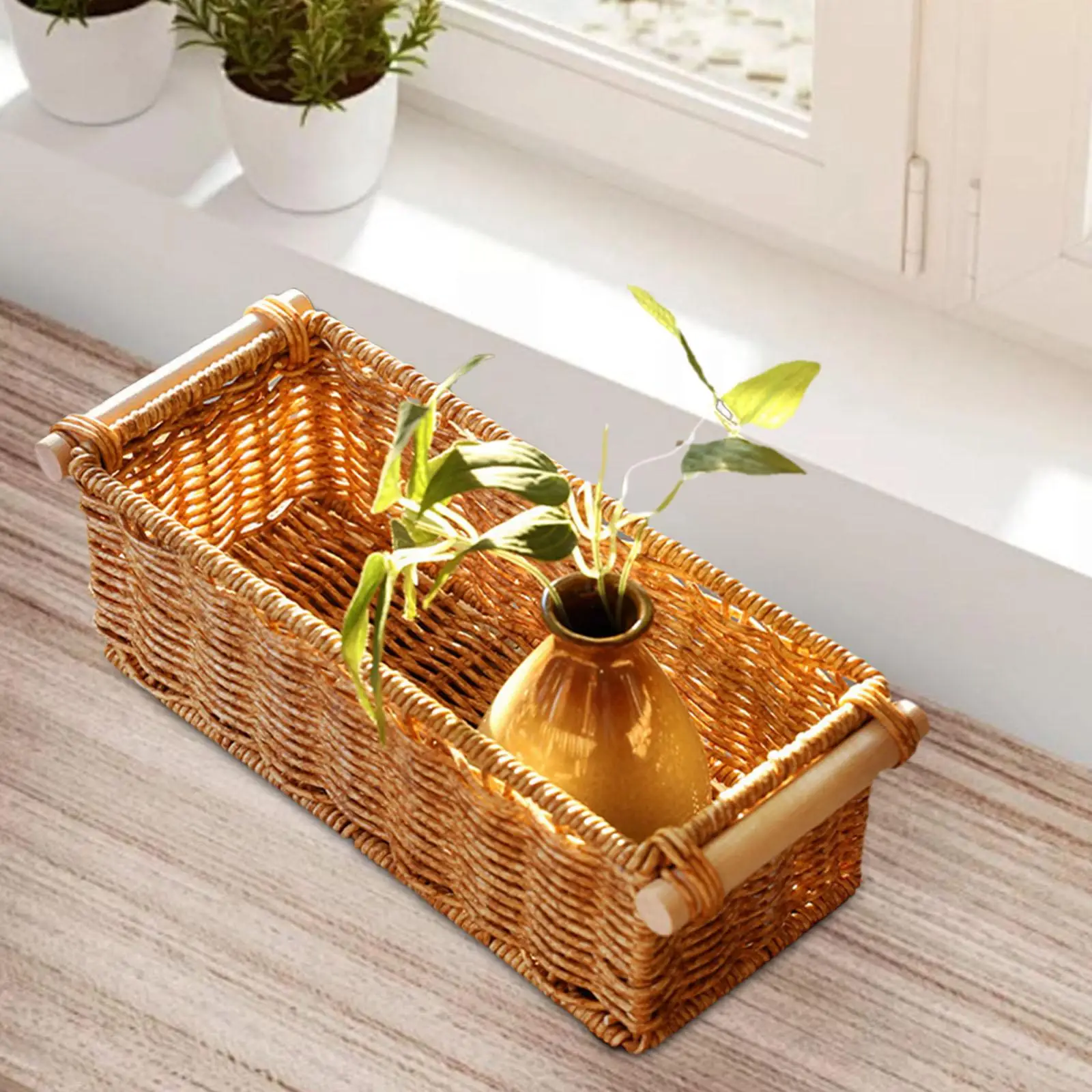 Imitation Rattan Storage Basket Perfume Tray For Organizing Rectangular Vintage For Home Coffee Table Bar Bathroom Kitchen_voghion.com