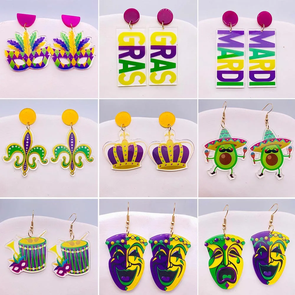 

Mardi Gars Crown Mask Acrylic Drop Earrings For Women Party Gift Jewelry Wholesale pendientes серьги 2023 тренд