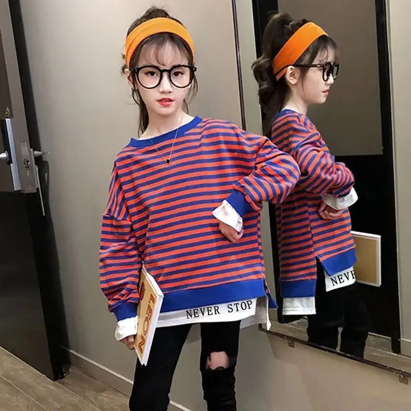 

Teen Girls' Clothing Long Sleeve Top Striped O-Neck Loose Pure Cotton 2023 Spring Autumn Letter Print Hem Causal 5-14 Years Old