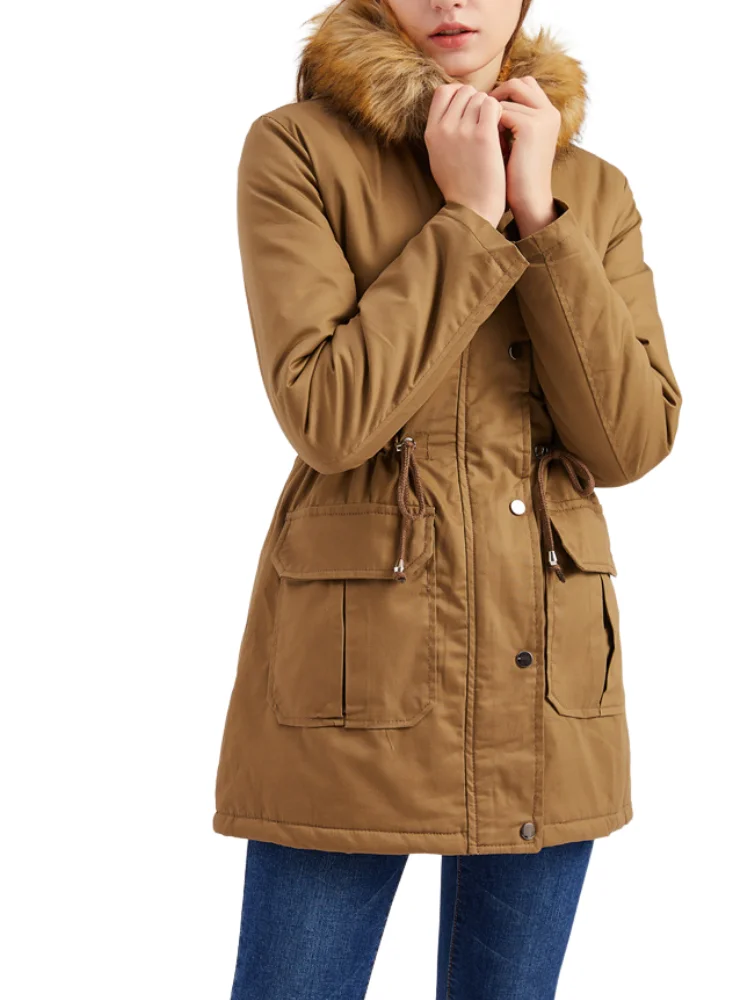 Womens Mid Length Zipper Coat with Furry Hood main image 1