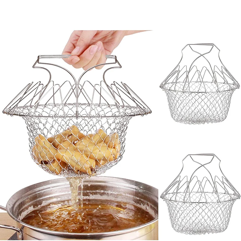 LMETJMA 304 Stainless Steel Foldable Steam Rinse Strain Fry Basket