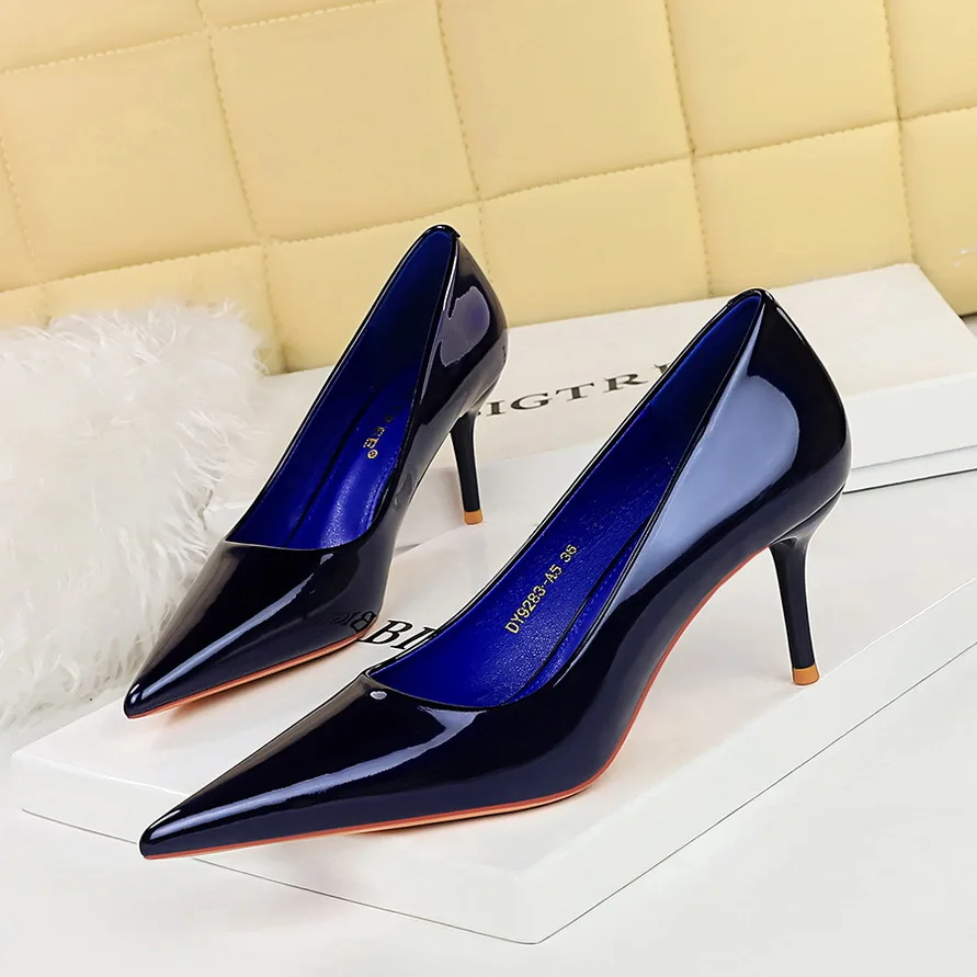 Shiny High Heels Patent Leather Pointed Dark Blue Fashion Pumps