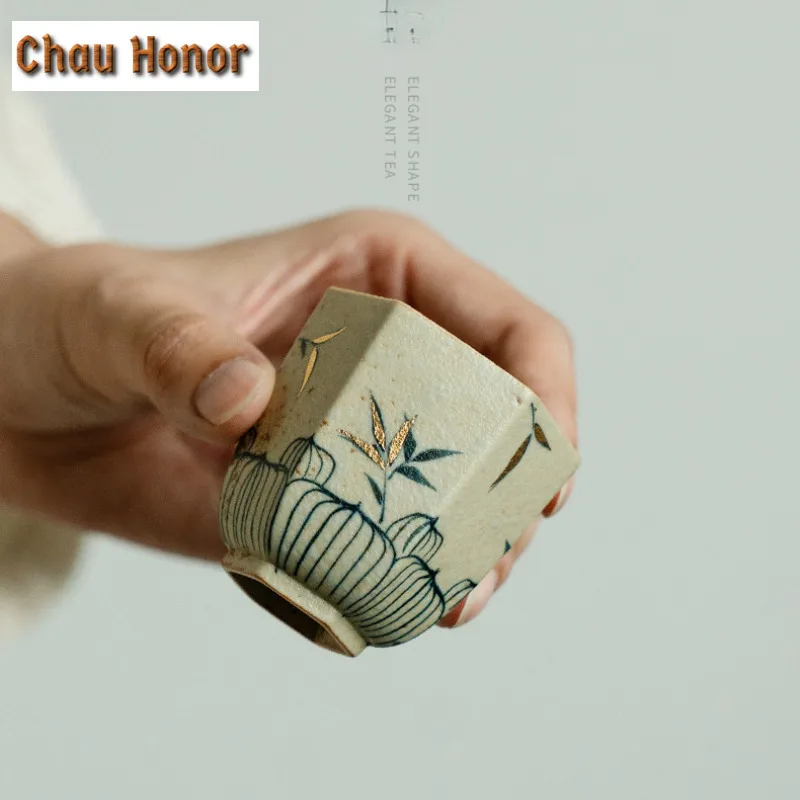 55ml Handmade Gold Drawing Bamboo Shadow Teacup Blue And White Flint Red Personal Master Cup Hexagonal Meditation Cup Drinkware