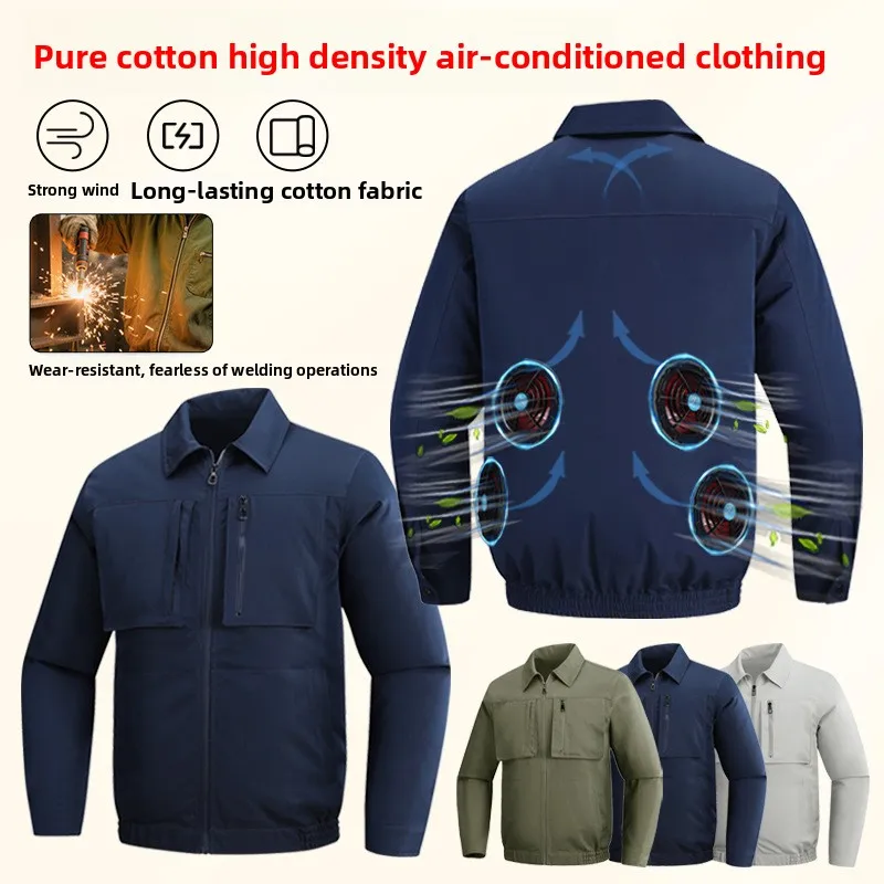 Men Welding Work Jacket 4 Fan Cooling Cotton 270GSM Heavy Duty Air Conditioner Clothing Outdoor Construction Summer Breathable