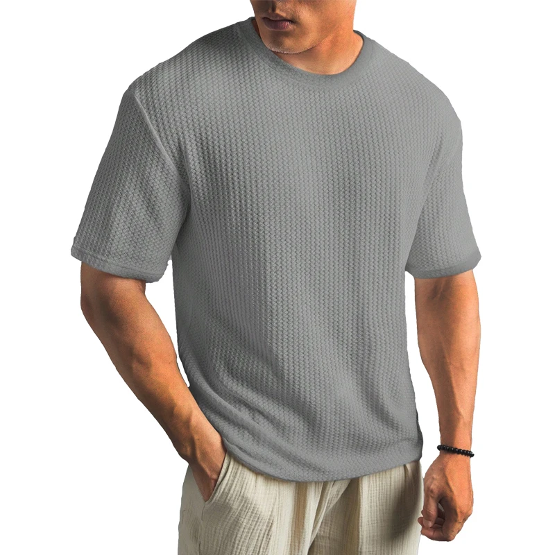 New Summer Waffle Round Neck Short Sleeved T-shirt for Men's Short Sleeved Top Oversized 12 Colors