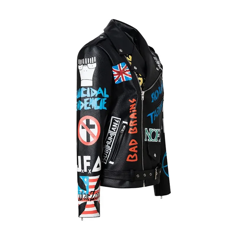 Graffiti Print Motorcycle Jacket for Women's and Men's 2024 Trend Punk Style Streetwear Contrast Black Faux Leather Jackets