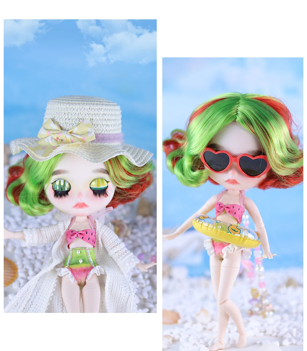 Neo Blythe Doll Bikini with Robe, Hat, Glasses & Swimming Ring 2