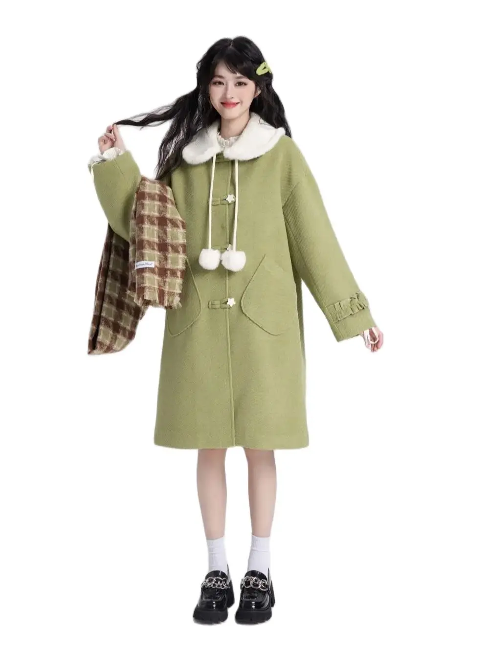 Korean Woolen Coat Women'S Doll Collar Coat Autumn Winter Thickened Woolen Coats Single-Breasted Long Sleeves Pockets Jacket
