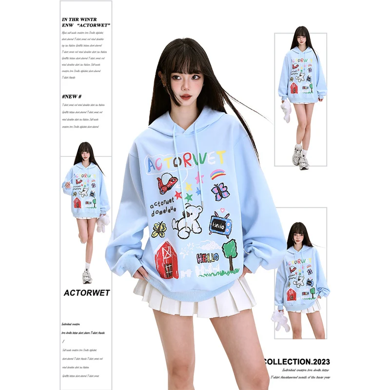 

CASUMANL Brand 2024 New Graffiti Print Sweatshirts Womens Spring Autumn Japan Hooded Sweatshirt for Woman Baggy Mujer Tops