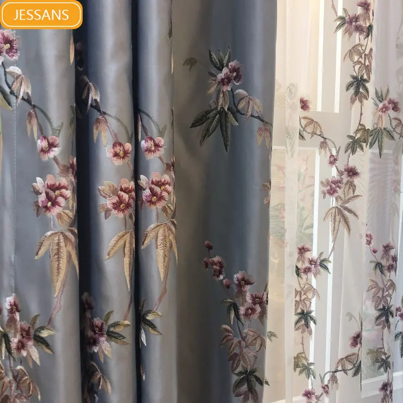 Chinese style high-end embroidered silk curtains with bamboo leaves and peach blossoms Curtains for Living dining room bedroom