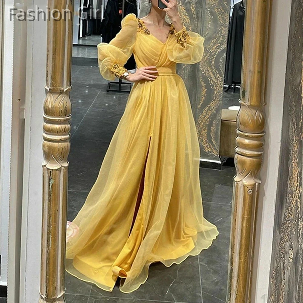 

Elegant Yellow Evening Dress Straight Sweetheart Long Sleeve Organza Applique Beaded Floor Length Sweep Train Special Occasion