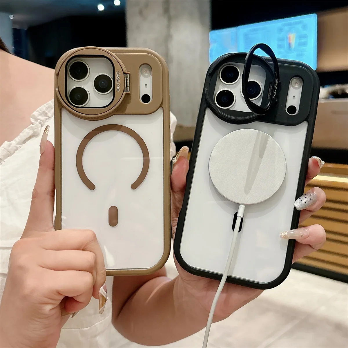 Magnetic Transparent Phone Cover with Camera Lens Protection and Stand