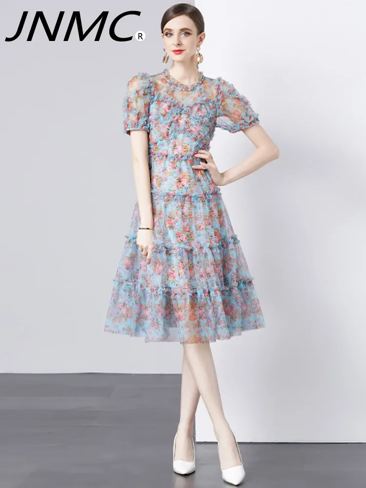 

JNMC Leisure And Minimalist Short Sleeved Mesh Green Emerald Flower Dress For Women Spring Summer 2024 New Model