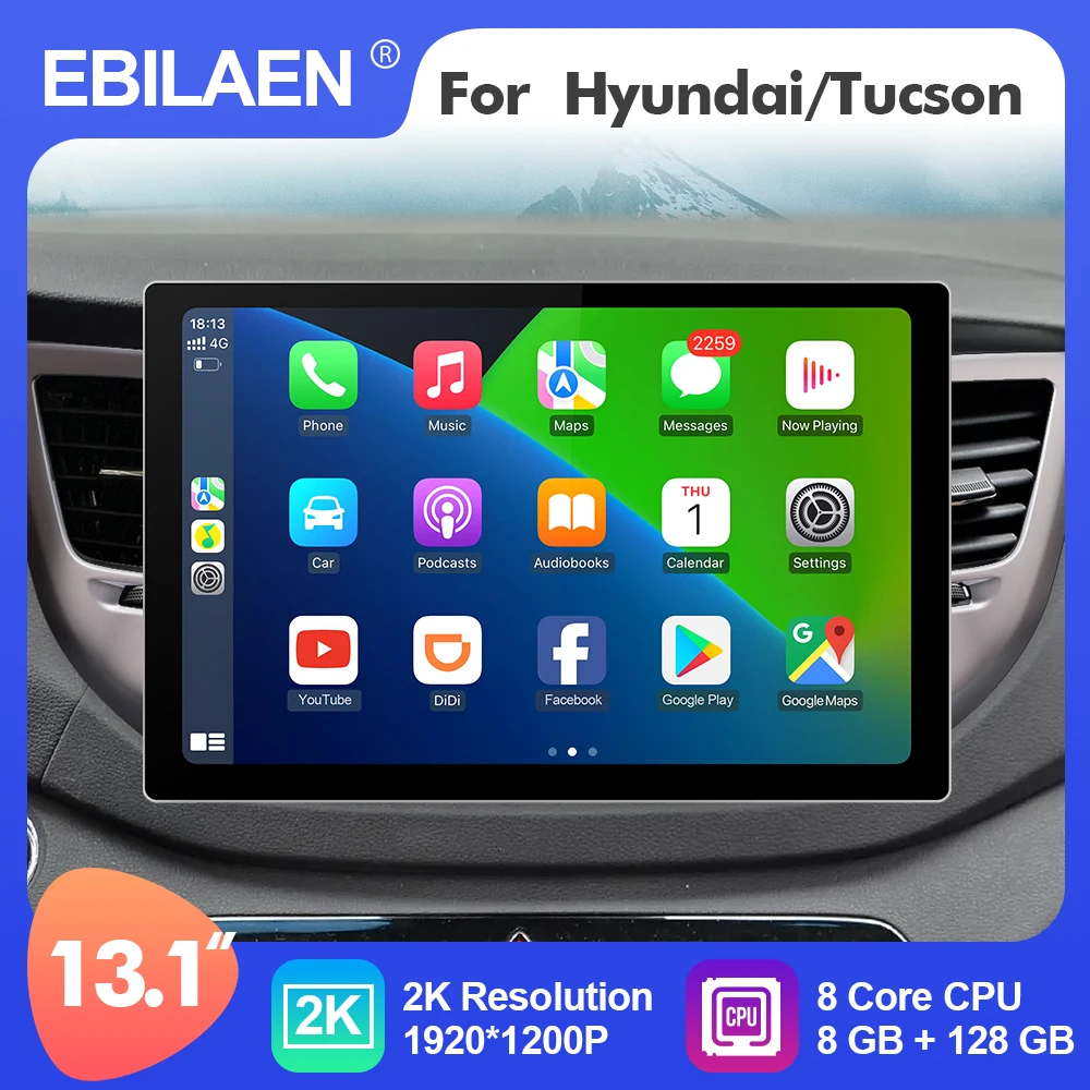 

EBILAEN Android 12 13,1 дюймов Автомобильный мультимедийный радио плеер для Hyundai/Tucson 3 IX35 2015-2018 GPS стерео 8 Core Carplay 4G WIFI