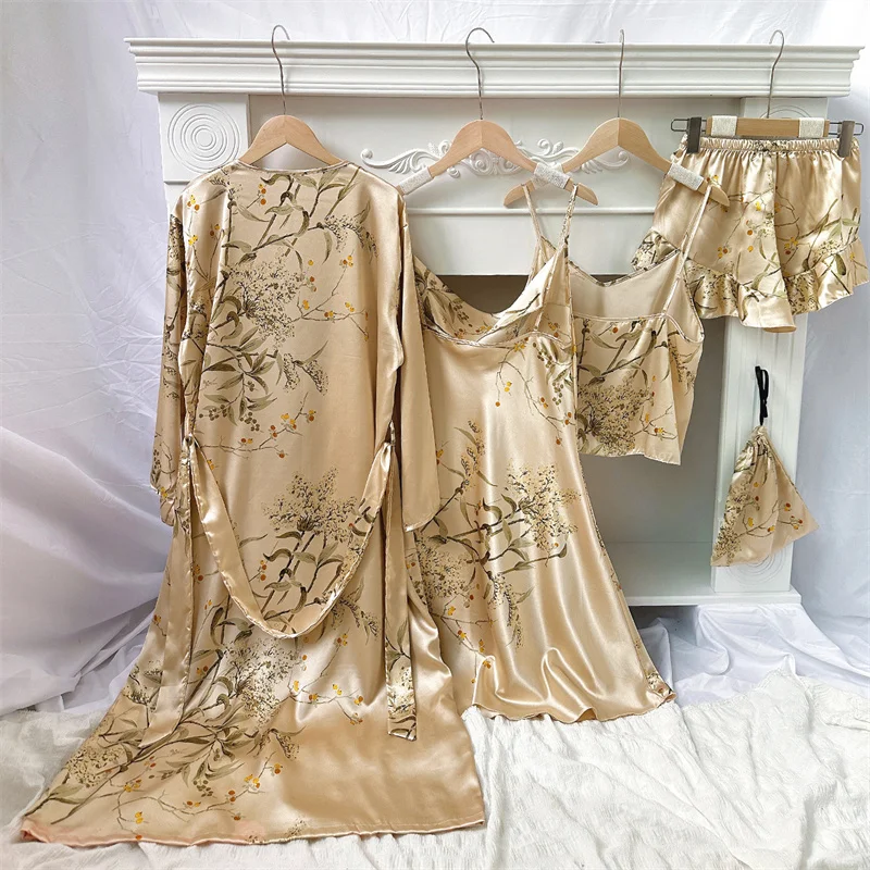 Elegant Print Flower Pajamas 5 Piece Set Women Casual Kimono Bathrobe Gown Sexy Silky Rayon Nightgown Loose Home Clothes