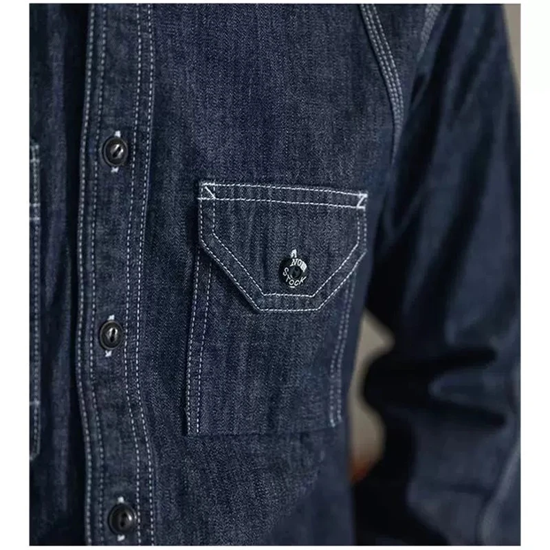 1933 Model Triple Stitch Denim Work Shirt With Cigarette Pocket Vent Holes denim shirt long sleeved shirt