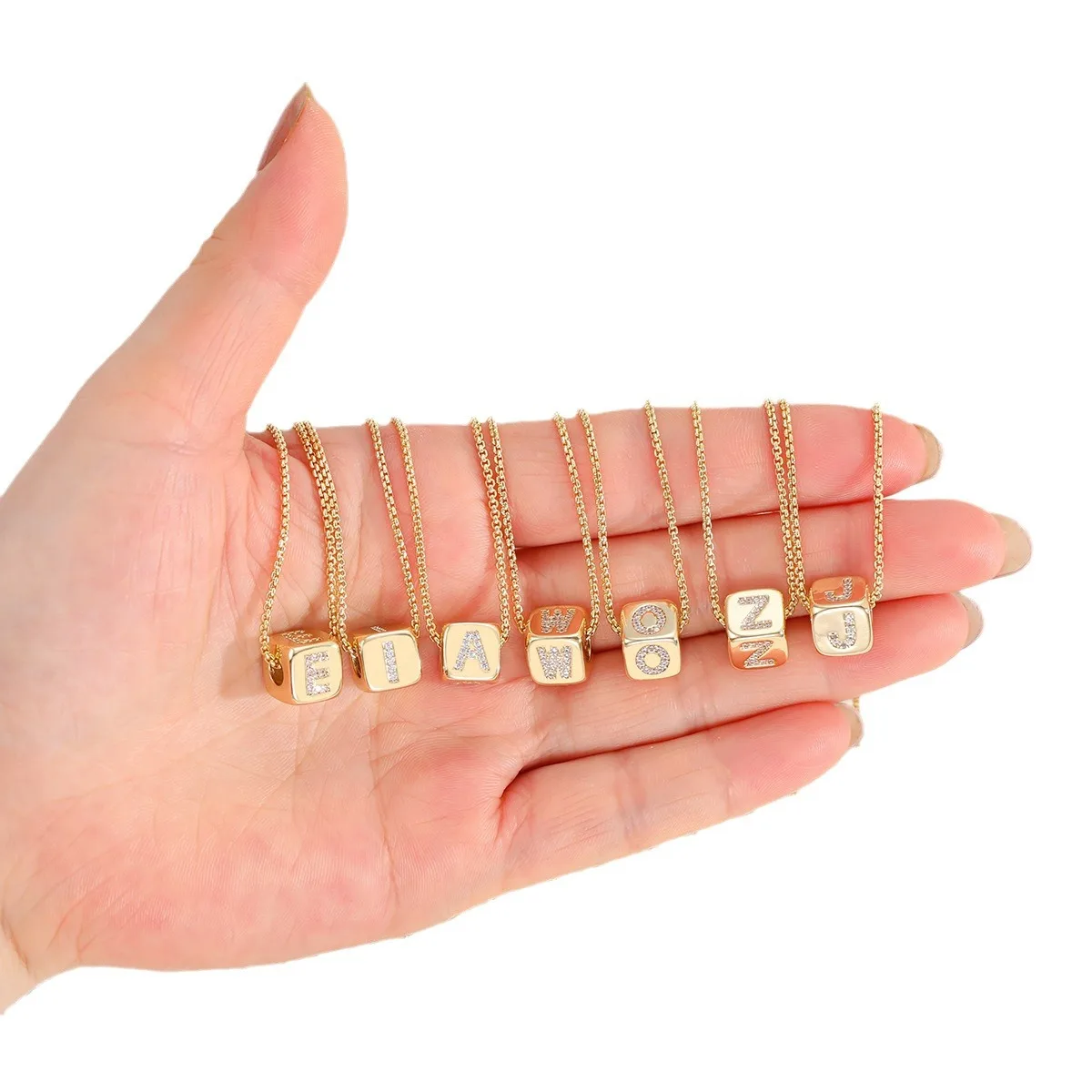 Chic Mini Cube Alphabet Letter Necklace Personality Stylish Zircon Initial Stainless Steel 18K Gold Plated Clavicle Chain Choker