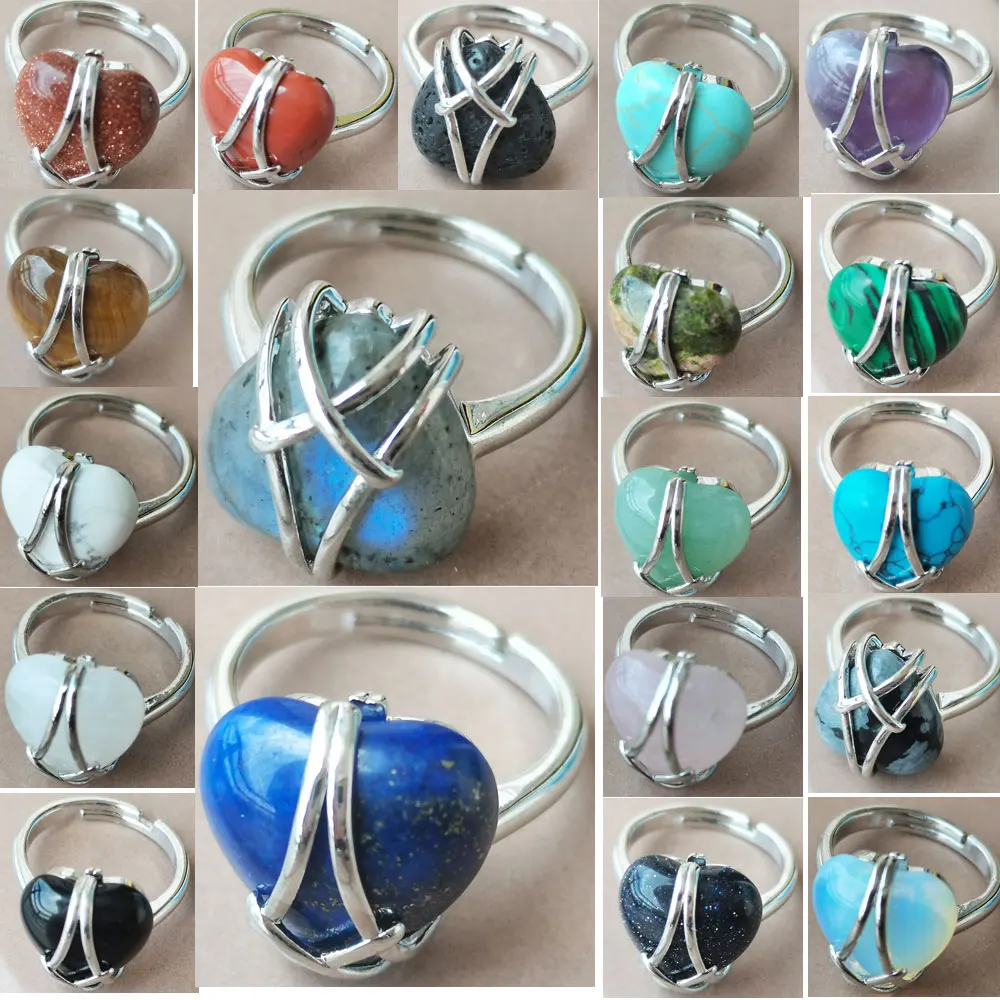 Labradorite Occhio Di Tigre Lapislazzuli Goldstone Blue Sand Howlite Crystal Malachite Aventurine Lava Heart Bead Ring Wfh1007