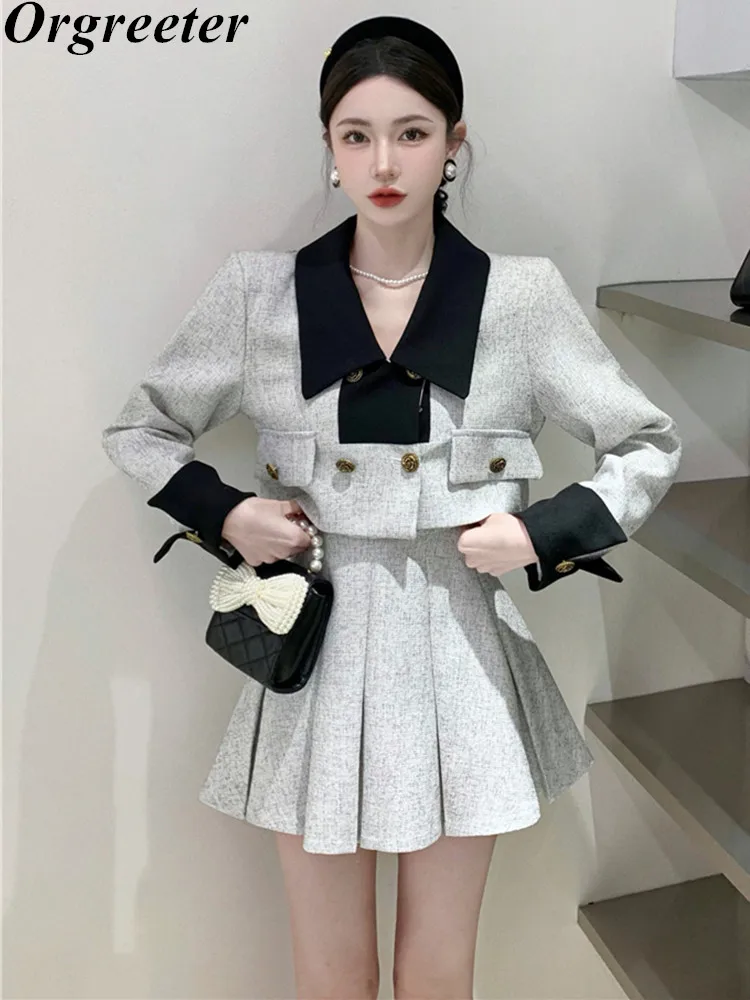 Spring Two Piece Skirt Set Women Double-breasted Jacket + Mini Pleated Skirt  Suits Fashion Crop Top Coat 2 Piece Outfit Female - AliExpress
