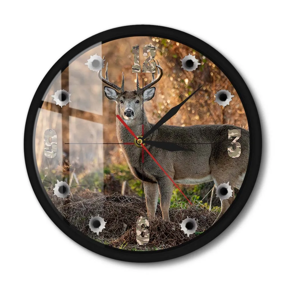 Deer Hunter Camera Sniper Big Buck Metal Frame Orologio Da Parete Silent Wildlife Animal Elk Cabin Orologio Da Parete Deer Hunting Home Decor
