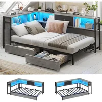 Corner Bed Frame with Storage Bookcase, Twin Daybed with Storage Drawers Underneath, Kids Bed Unit with Charging Station 1