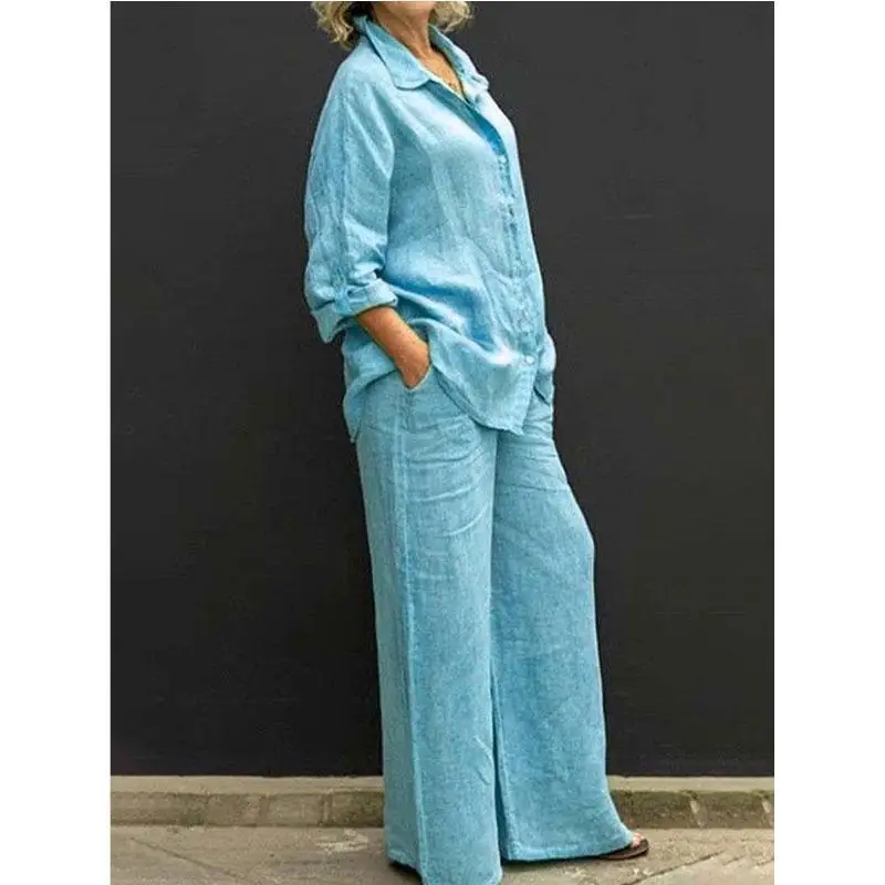 

Women Cotton Linen Two Pieces Set Spring Autumn Casual Solid Color Long Sleeve Shirt Blouse Loose Straight Wide Leg Pants Suit
