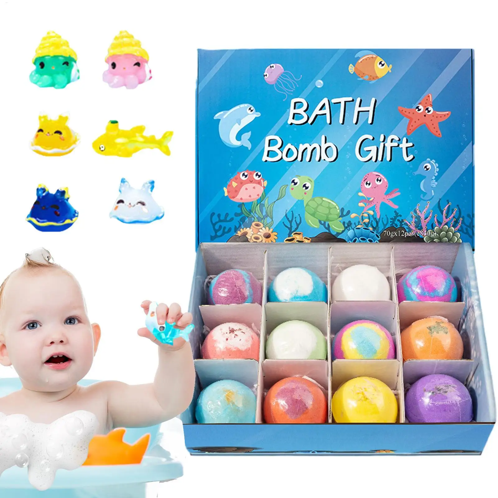 Ocean-Themed Bath Bomb Gift Set with Surprise Sea Animal Toys - 12 Natural Bubble Bath Salt Balls