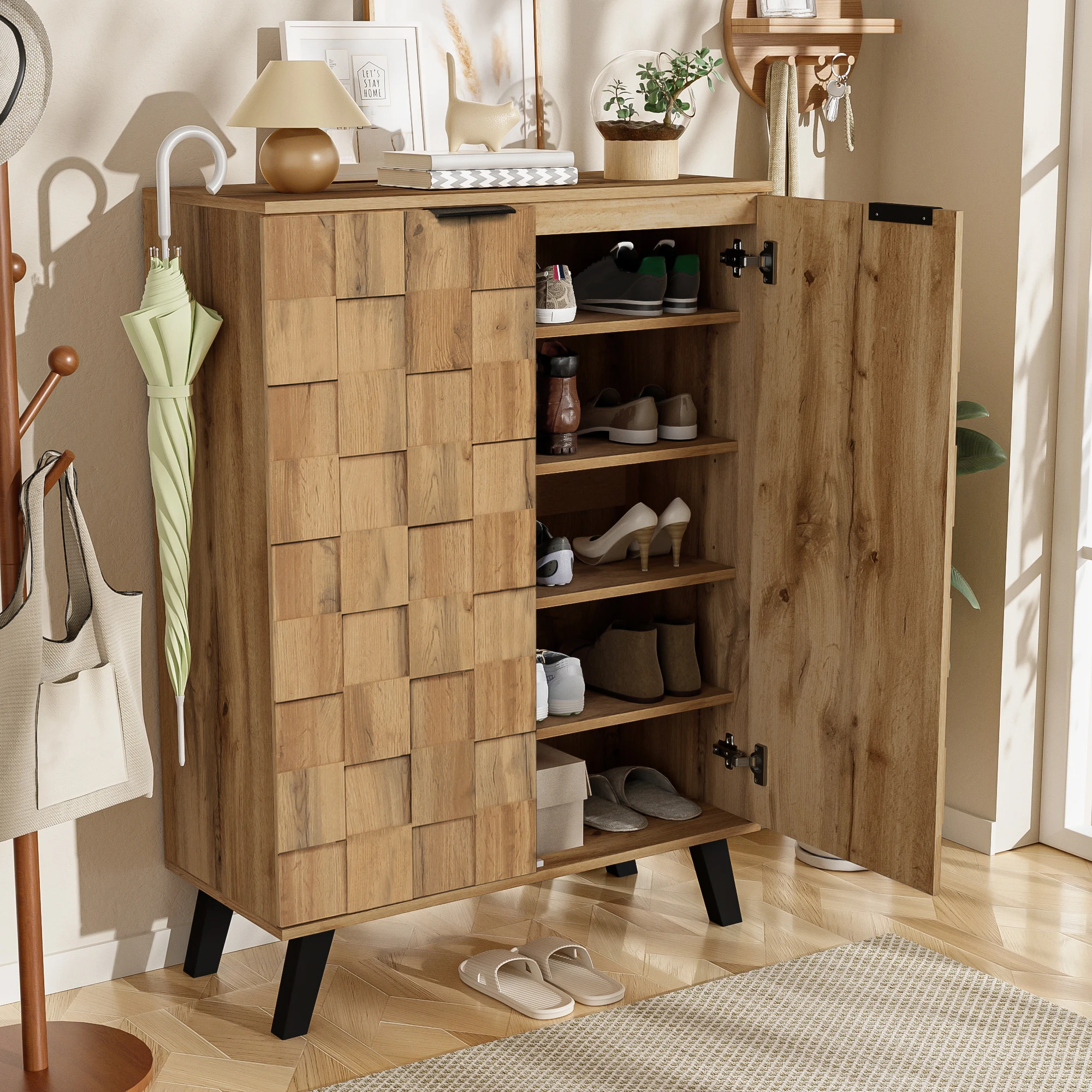Sideboard, moderner Schuhschrank mit 5 Fächern in dunkler Holzmaserung – Abmessungen, verstellbare Regale – Detail 7