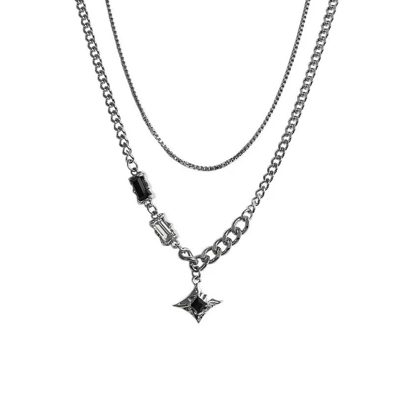 Hip Hop Zircon Star Double Layer Necklace for Men Women Trend Charm Titanium Steel Pendant Chain Unisex Jewelry Gift